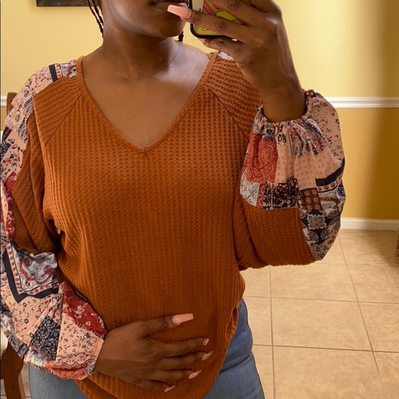 Long Sleeve Rust Sweater W/ Multi Color Sleeve - Picture 3 of 5